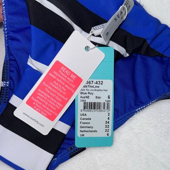 Seafolly Walk The Line Brazilian Bikini Bottom Blue Ray Size 2 - Picture 7 of 7
